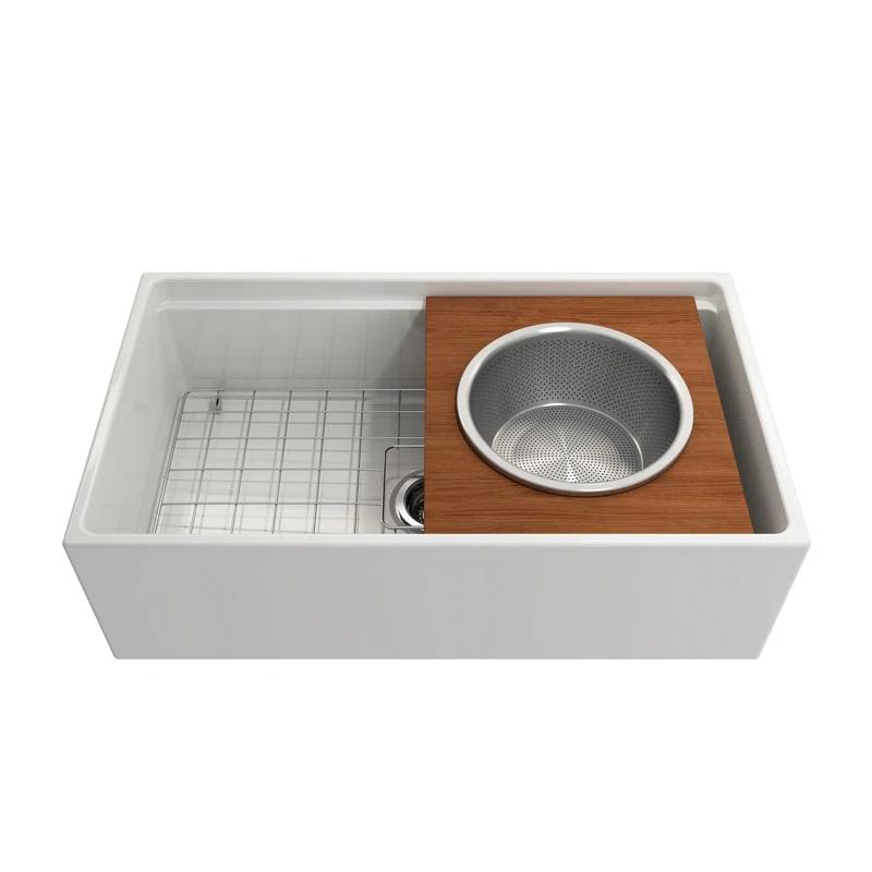 BOCCHI Wood Board With Large Round Stainless Steel Mixing Bowl And Colander F/1344, 1348, 1360, 1362, 1504, 1505, 1506 (Short Side Only), 1627, 1628