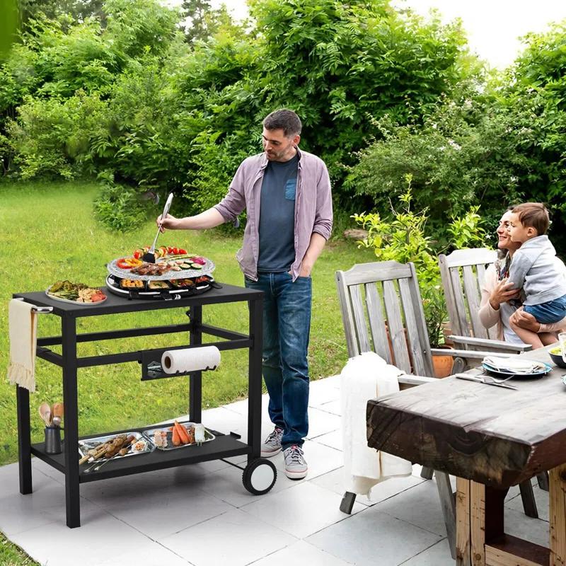 gaomon Outdoor Grill Cart Pizza Oven Stand, BBQ Prep Table with Wheels & Hooks, Side Handle, Double-Shelf