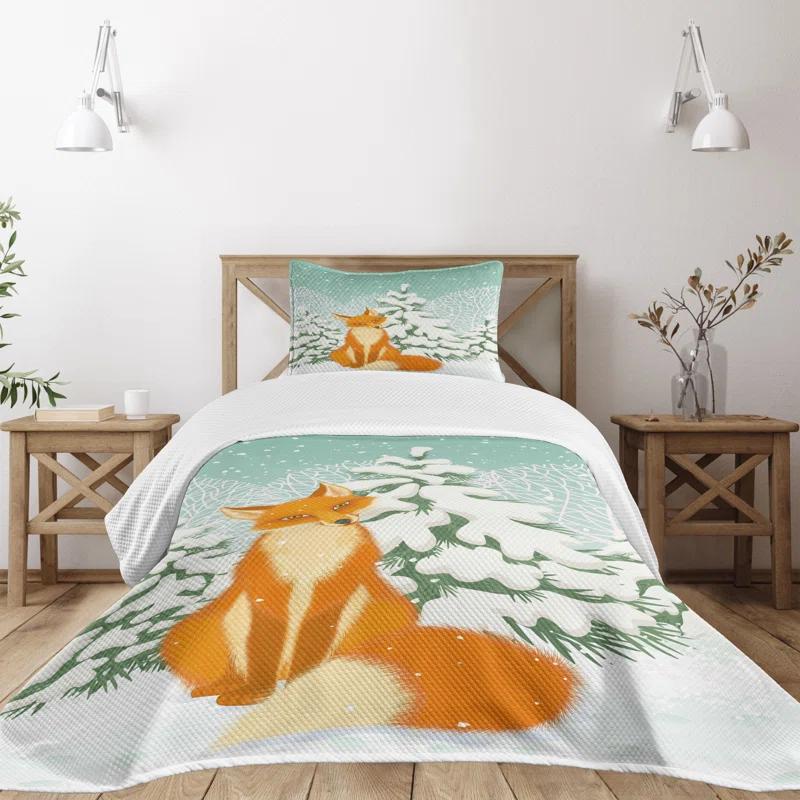 Ambesonne Ambesonne Fox Bedspread Set Red Fox Winter Forest Xmas Almond Green Orange