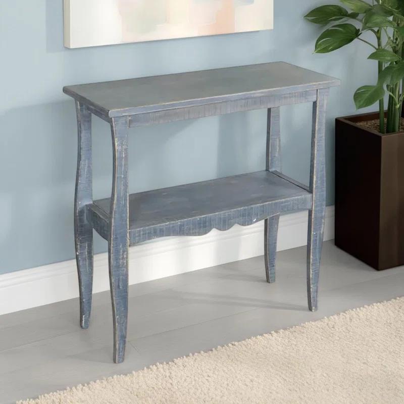 Benjara Rena Side End Table, Scallop Trim, 28 Inch Distressed Blue Mahogany