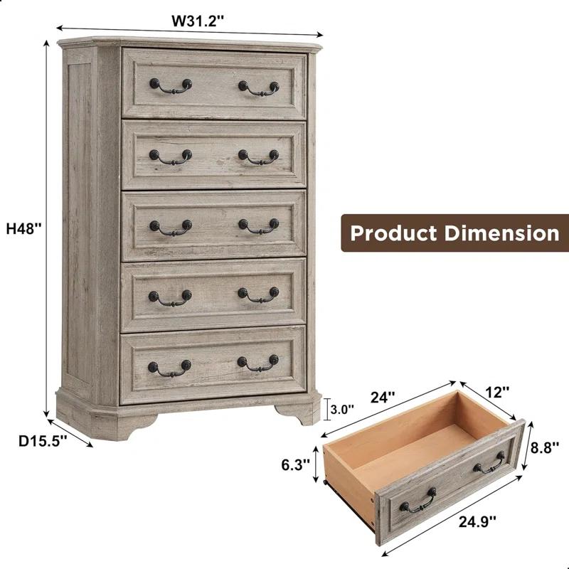 Laurel Foundry Modern Farmhouse® Theron Farmhouse 5 Drawer Bedroom Dresser, Wood Tall Chest of Drawers, Closet Storage for Bedroom