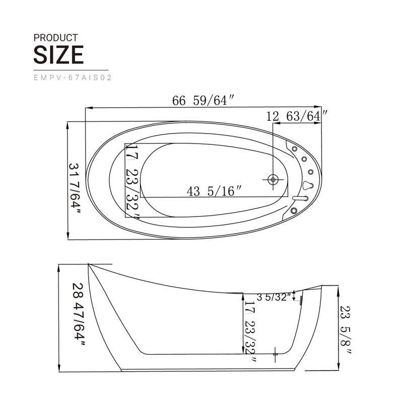 Empava EMP-67AIS02 67'' x 29.5'' Freestanding Whirlpool Plastic / Acrylic Bathtub with Faucet