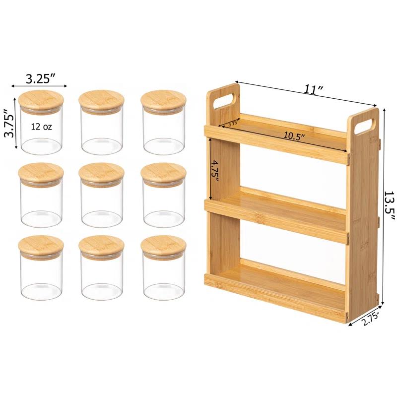 Rebrilliant Rebrilliant Versatile 3-tier Bamboo Spice Rack And Pantry Organizer With 9 Glass Jars – Perfect For Countertop Storage In Kitchens To Keep Seasoning Containers Neatly Displayed And Easily Accessible