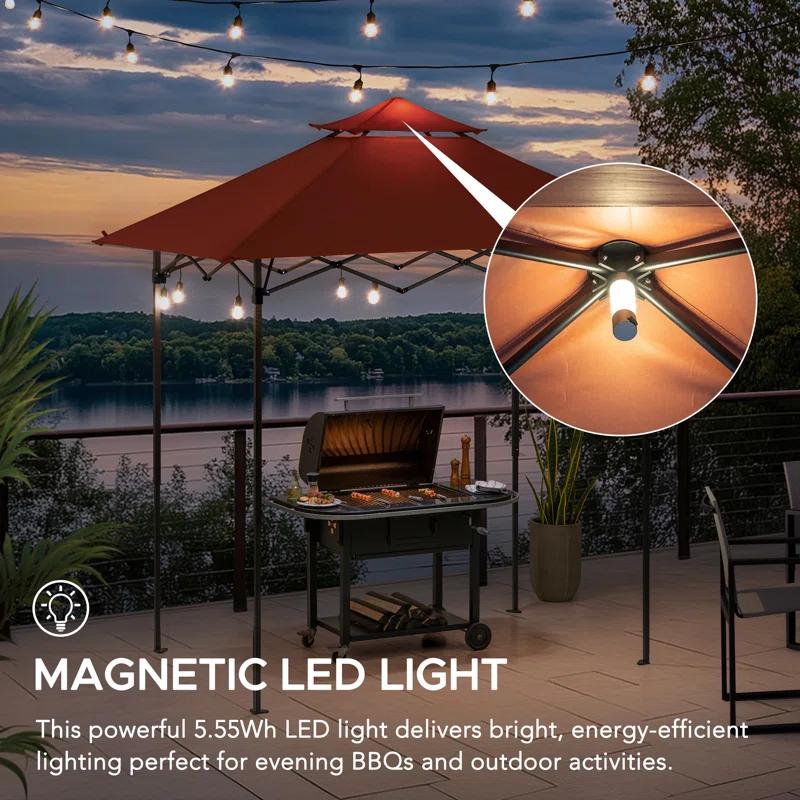 Sunjoy SUNJOY 8' x 5'  Pop up Grill Gazebo Double Tiered Outdoor Gazebo Standing-Height Canopy with Magnetic LED Light, Adjustable Ceiling Height, for BBQ,Picnics, Outdoor Events