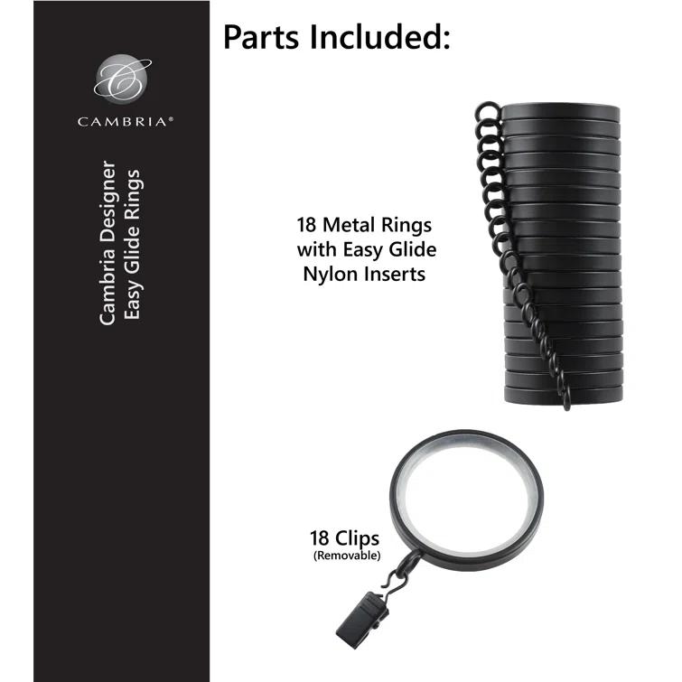 MODE Cambria Designer Series 2 inch Premium Easy Glide Metal Curtain Rings with Smooth, Quiet Nylon Inserts