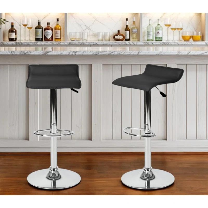 HomeRoots Set of Two Black and Silver Faux Leather and Metal Low Back Adjustable Height Swivel Bar Chairs | Wayfair