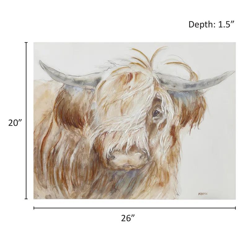 Union Rustic Windswept Hand Embellished Highland Bull Canvas Wall Art
