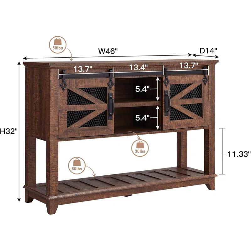 Rosalind Wheeler Entryway Table w/Sliding Barn Doors, 46'' Farmhouse & Industrial Console Table with Storage, Rustic Sofa Table w/Adjustable Shelf & Open Shelf for Entryway, Hallway, Livingroom, Reclaimed Barnwood