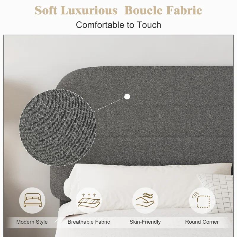 Manfred Boucle Upholstered Cloud Bed Frame with Rounded Corners Headboard, Soft Platform Bed Frame with Thickened Footboard