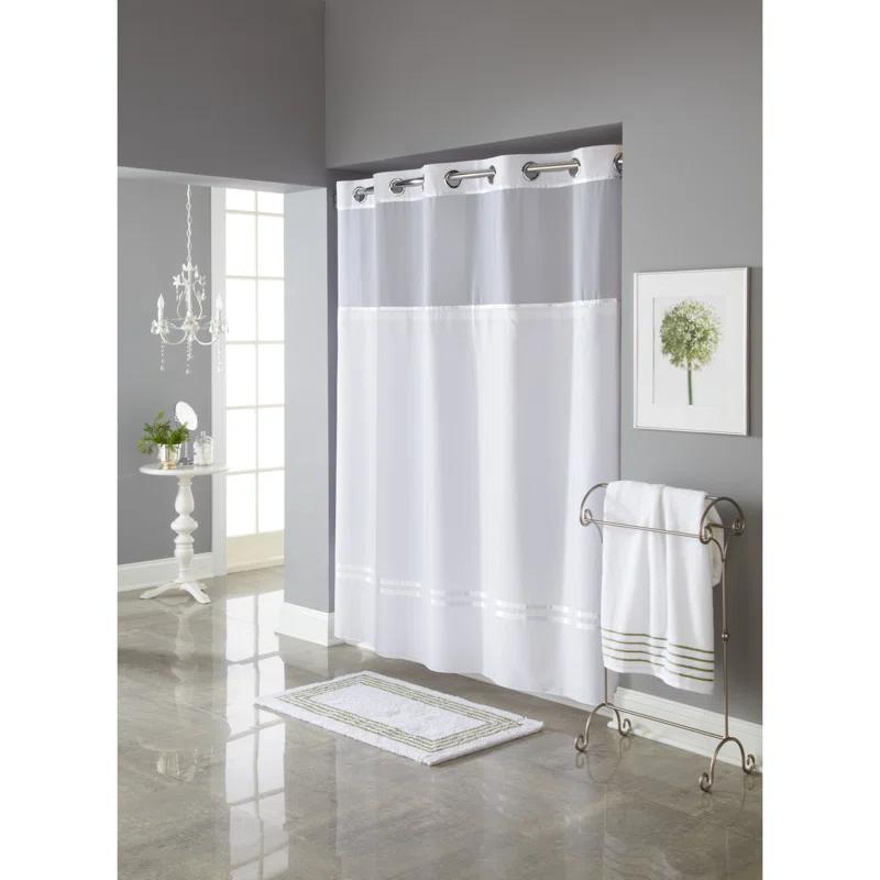 White Hookless Polyester Shower Curtain with Liner and Stripes