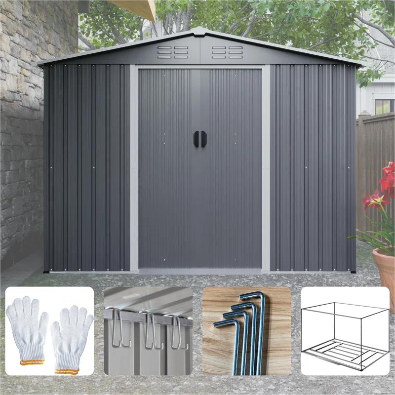 8X6 FT Outdoor Tool Storage Shed With Metal Foundation & Lockable Doors,  All Weather Metal Sheds