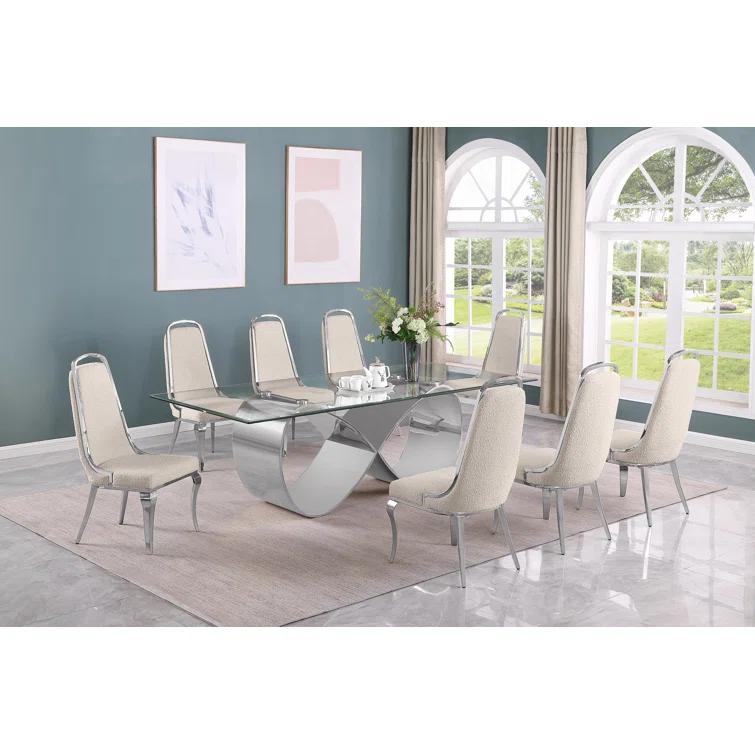 Rosdorf Park Tempered Glass Dining Set With Boucle Fabric Side Chairs