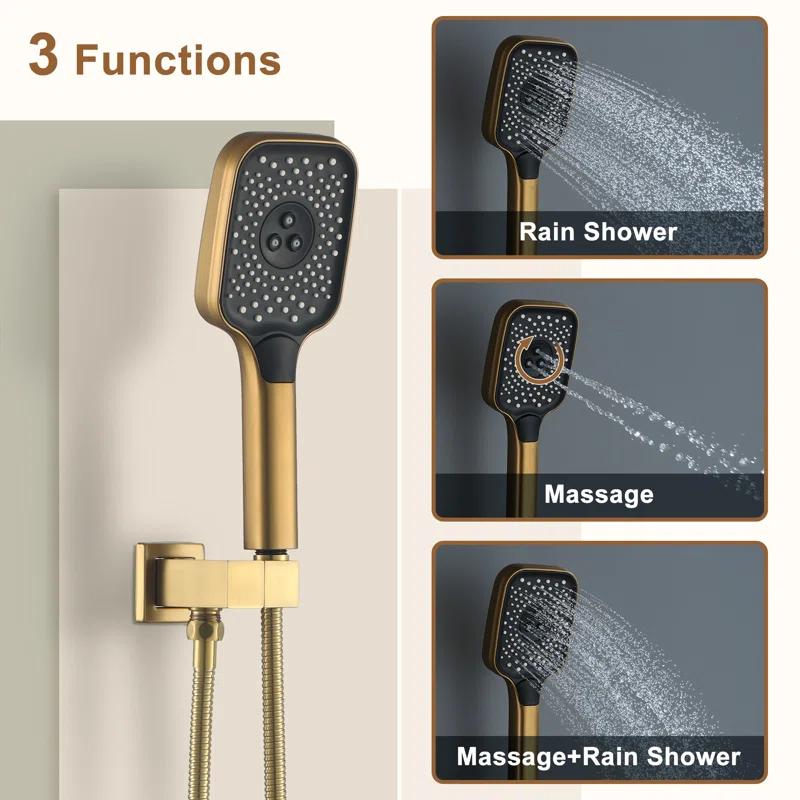 CASAINC CS6221-12BG Revitalize 3-Function 12 Inch Ceiling Mount Rainfall Thermostatic Shower System with 6 Body Jets