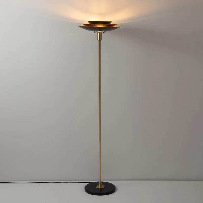 Rancho Mirage Torchiere Floor Lamp - Matte Black & Gold-Leaf Shade, Weathered Brass, Black Marble Base