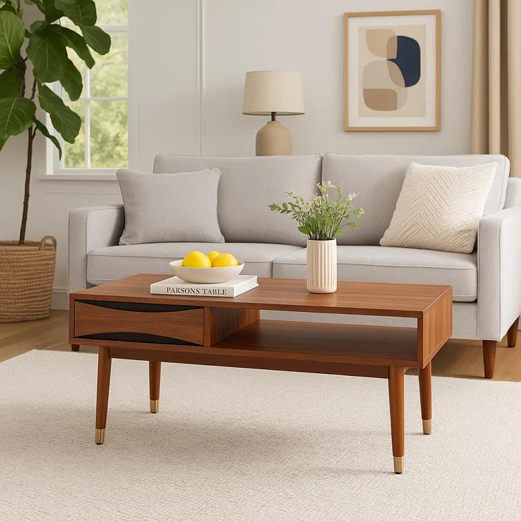 Wrought Studio™ Sabornton 40" Mid-Century Modern Coffee Table with Storage Shelf, Walnut Finish and Brass Leg Tips