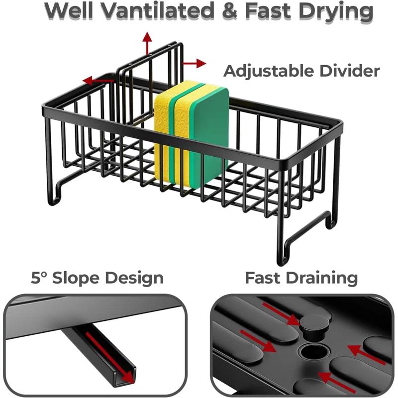 WKING Stainless Steel Kitchen Sink Caddy Organizer With Draining Tray, Rustproof Sponge Holder For Sink, Adjustable Compartments, Space-Saving Design