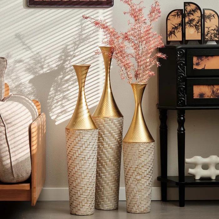 Everly Quinn Medhansh Metal Floor Vase (Set Of 3), Tall Large Flower Vase With Tapered Opening & Lattice Weave Texture, Antique Gold Finish