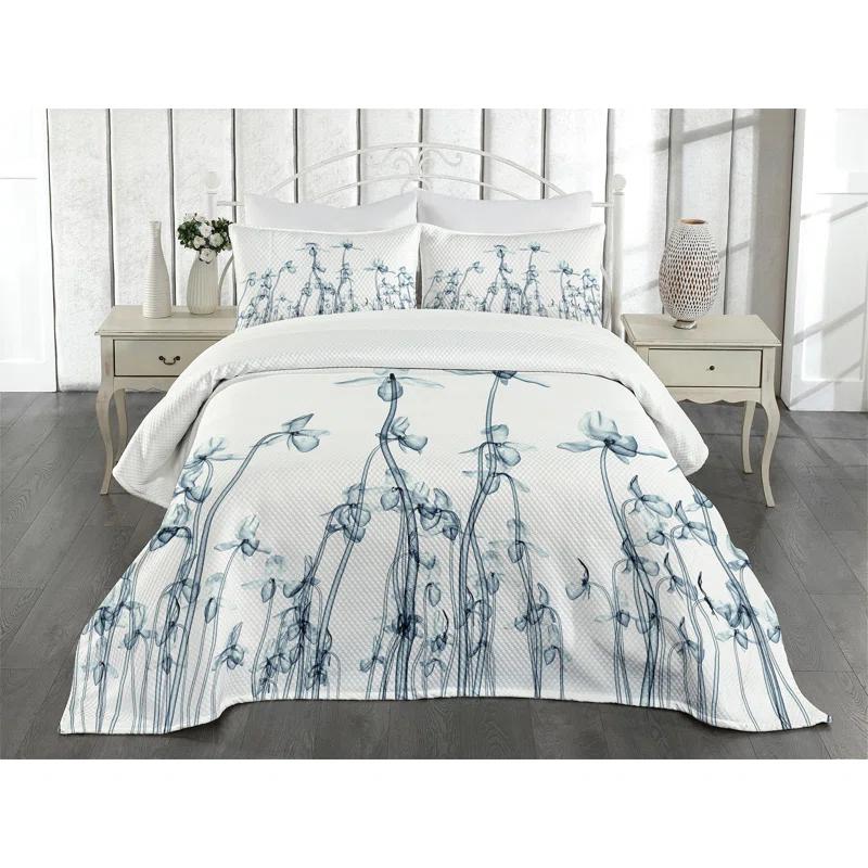 Ambesonne Ambesonne Teal White Bedspread Set Orchids Floral Photo Teal White
