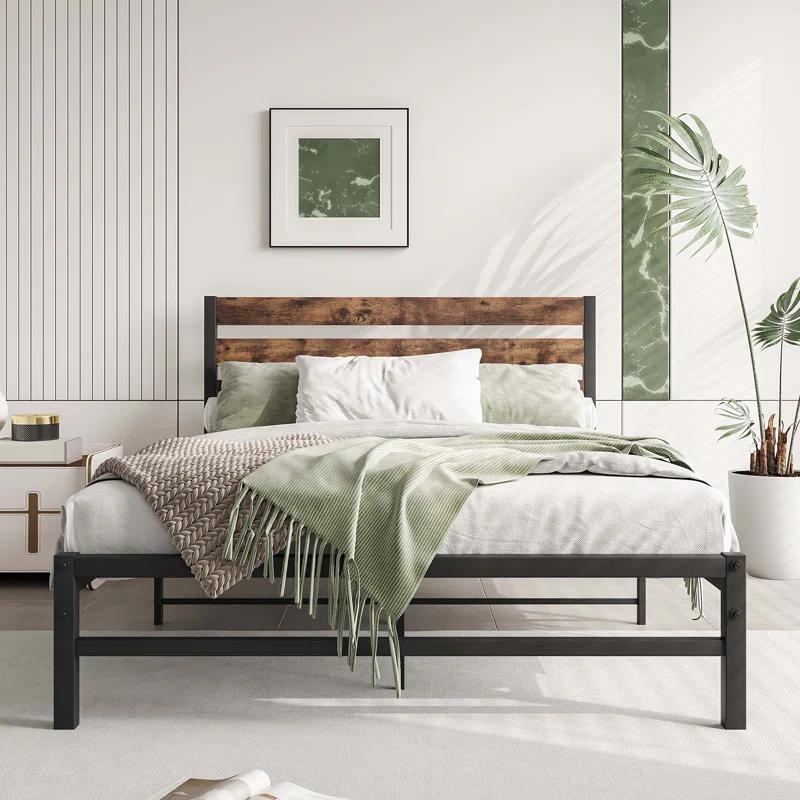 Full Size Platform Bed Frame with Rustic Vintage Wood Headboard,  No Box Spring Needed Rustic Brown