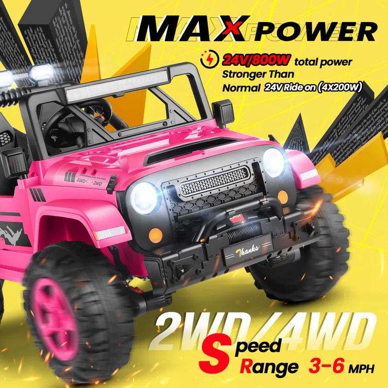 Ancheer Alex 24V 4WD//2WD Ride On Jeep Truck,2 Seater Kids UTV With 4X200w Powerful Engine,Remote Control,Bluetooth,20 Wide Seat,Vehicles for Kids Toddlers