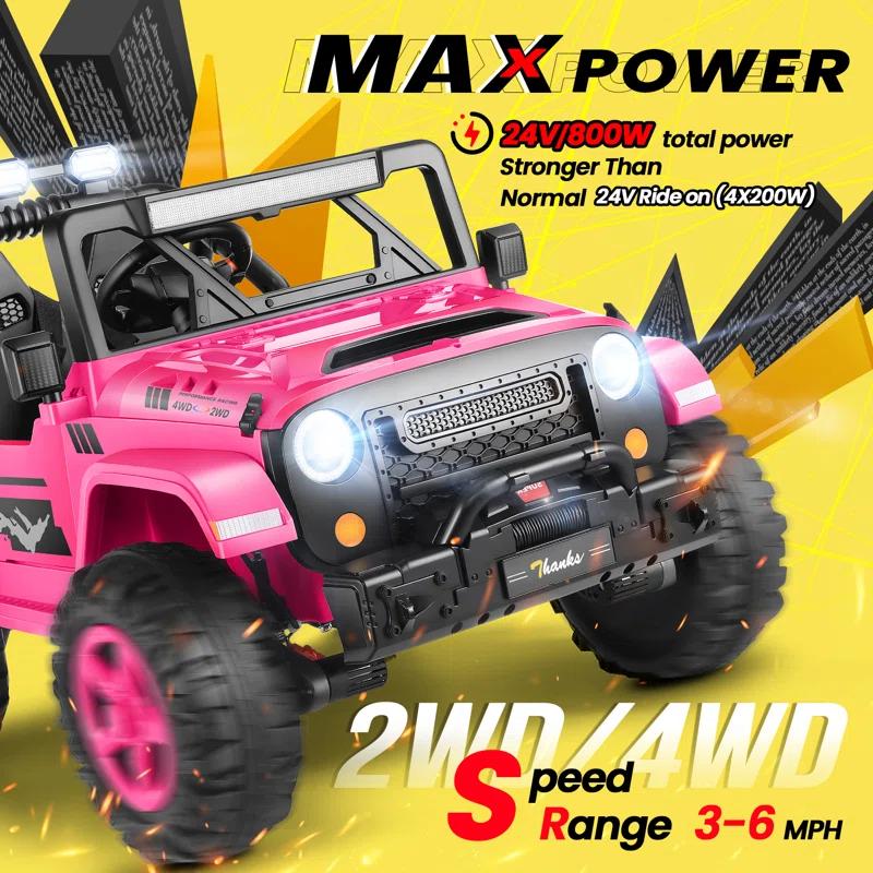 Ancheer Alex 24V 4WD//2WD Ride On Jeep Truck,2 Seater Kids UTV With 4X200w Powerful Engine,Remote Control,Bluetooth,20 Wide Seat,Vehicles for Kids Toddlers