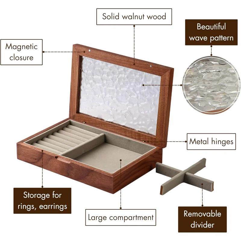 Wooden Jewelry Box, Medium Size Natural Solid Walnut Wood Girls Vintage Trinket Organizer With Large Storage,Walnut