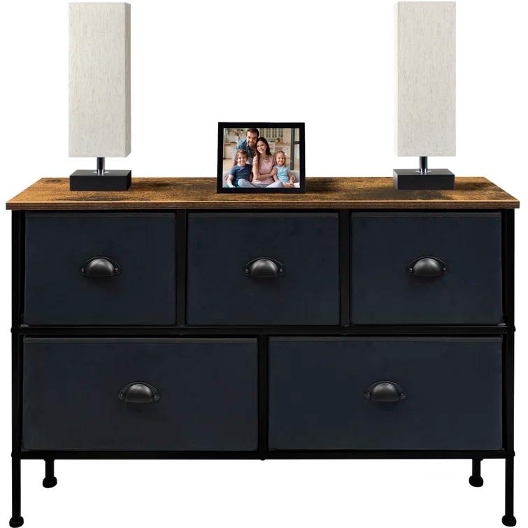 Sorbus Sorbus Dresser with 5 Drawers with Steel Frame, Wood Tops, and Fabric Bins in Black with Wood Top