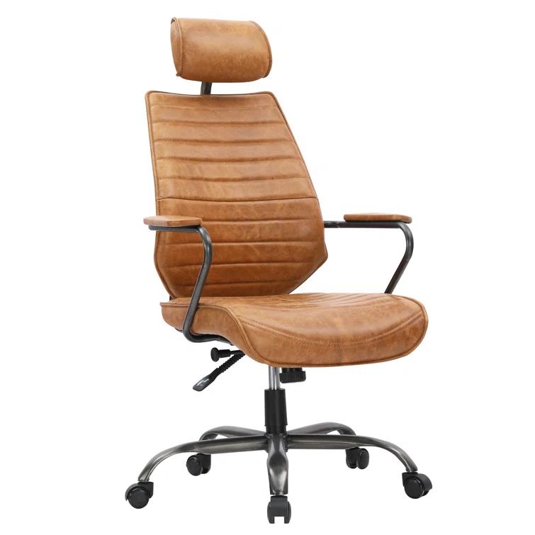 Transitional Genuine Leather Swivel Chair in Vibrant Orange