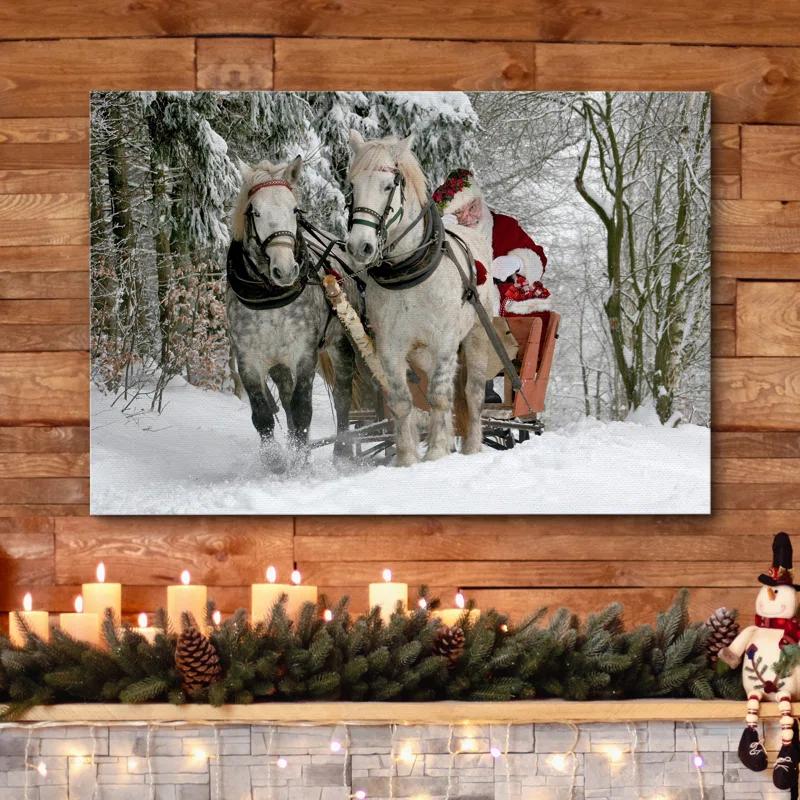 IDEA4WALL Christmas Holiday Celebration Winter Snow Forest Signs Santa Claus Riding Horses Pictures Canvas Print Large Wall Art
