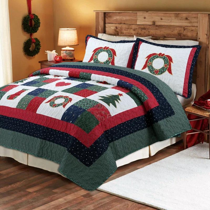 Cozy Line Home Fashion Happy Christmas Christmas Reversible Farmhouse Country Quilt Set