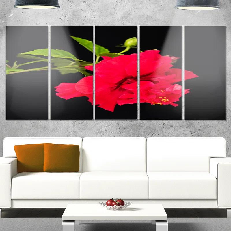 Design Art " Bright Red Hibiscus On Black " 5 - Pieces
