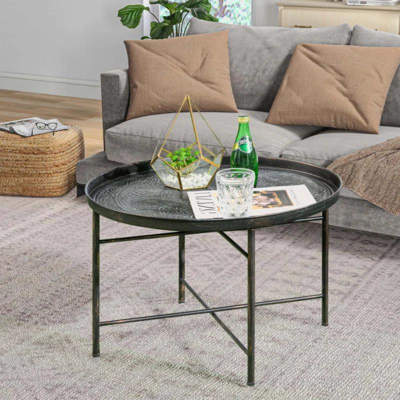 Dakota Fields 24" Round Coffee Table with Hammered Tray Top & Metal Frame