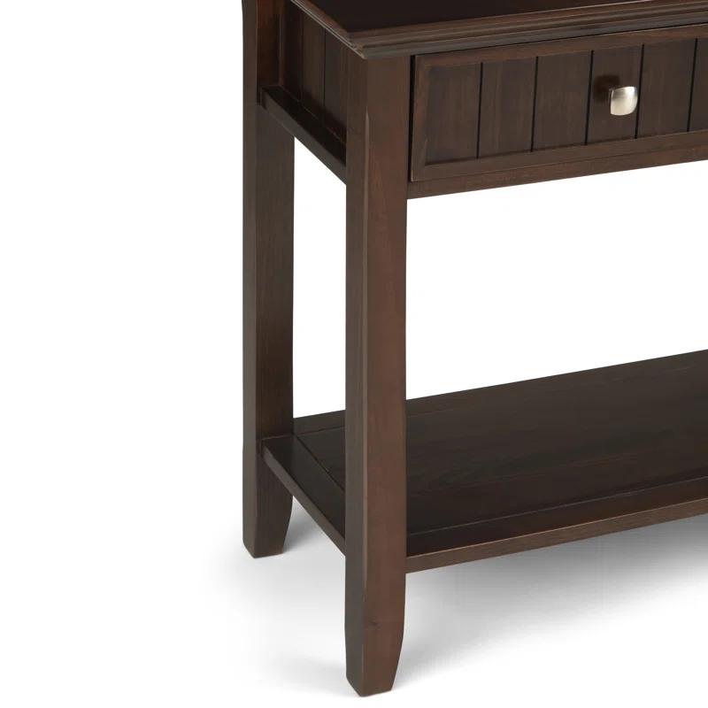 Simpli Home Acadian 60"W Solid Wood Wide Storage Console Table in Brunette Brown with Three Drawers and Open Shelf