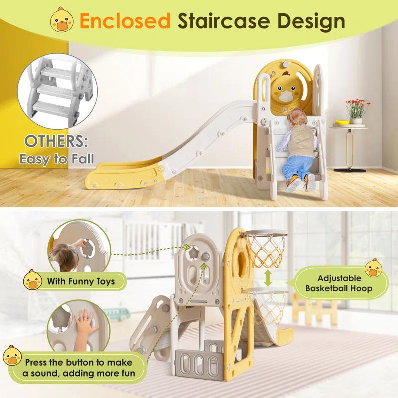 Suteck 5 in 1 Toddler slide, Kids Slide with Climber Outdoor Indoor Slide Cute Duck Theme Playset