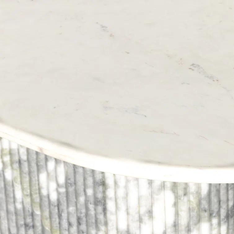 Polished White Marble Oval Dining Table with Fluted Base