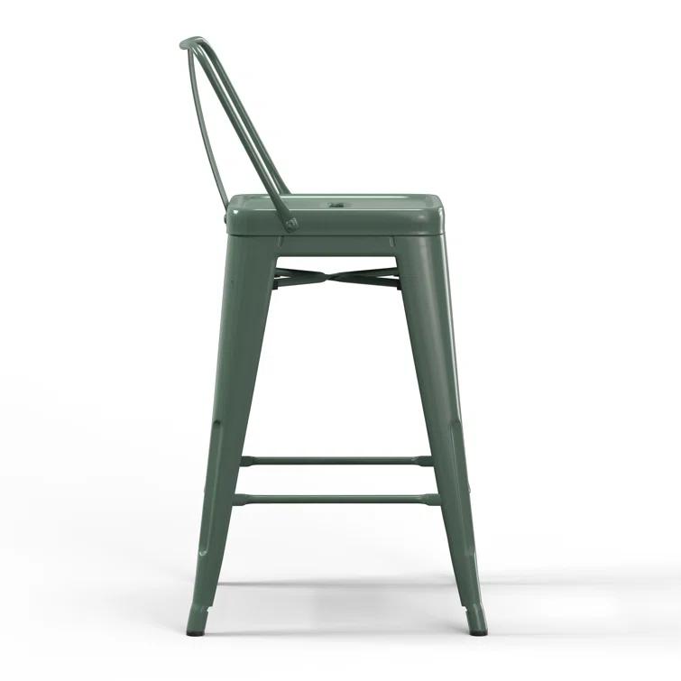 Simpli Home Rayne Metal Industrial Stool with Curved Back, Cross-Brace, and Footrest
