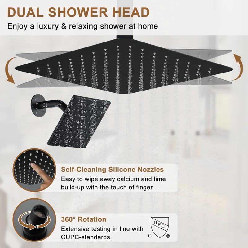 CASAINC Rainfall Symphony 16inch Dual Shower Head Rainfall Thermostatic Shower System with 16-inch Slide Bar and Body spray KCHS0019-16MB