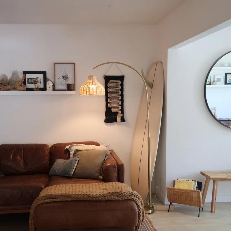 Brightech Lark 75 in. Weighted Base LED Arched Standing Floor Lamp with Boho Rattan Shade