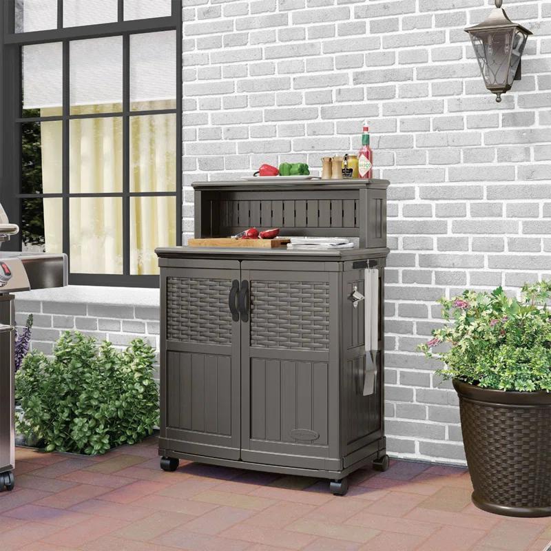 Suncast Patio Plastic Storage and Prep Station with Wicker Pattern, Stoney Gray