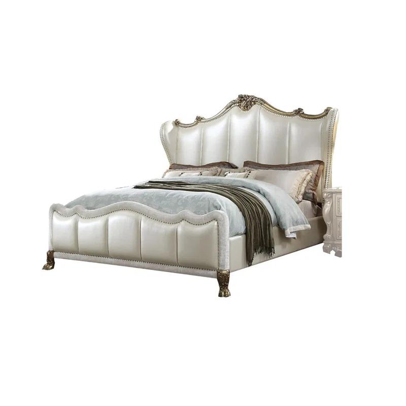 Benjara Ally Bed, White Faux Leather Victorian Carved, White And Silver