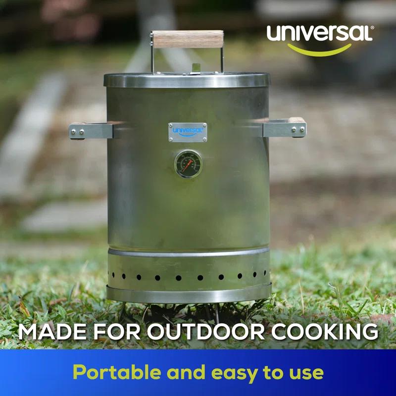 Universal Universal Stainless Steel Small 6-pound Charcoal Barrel Smoker with Thermometer, Grill & Smoker