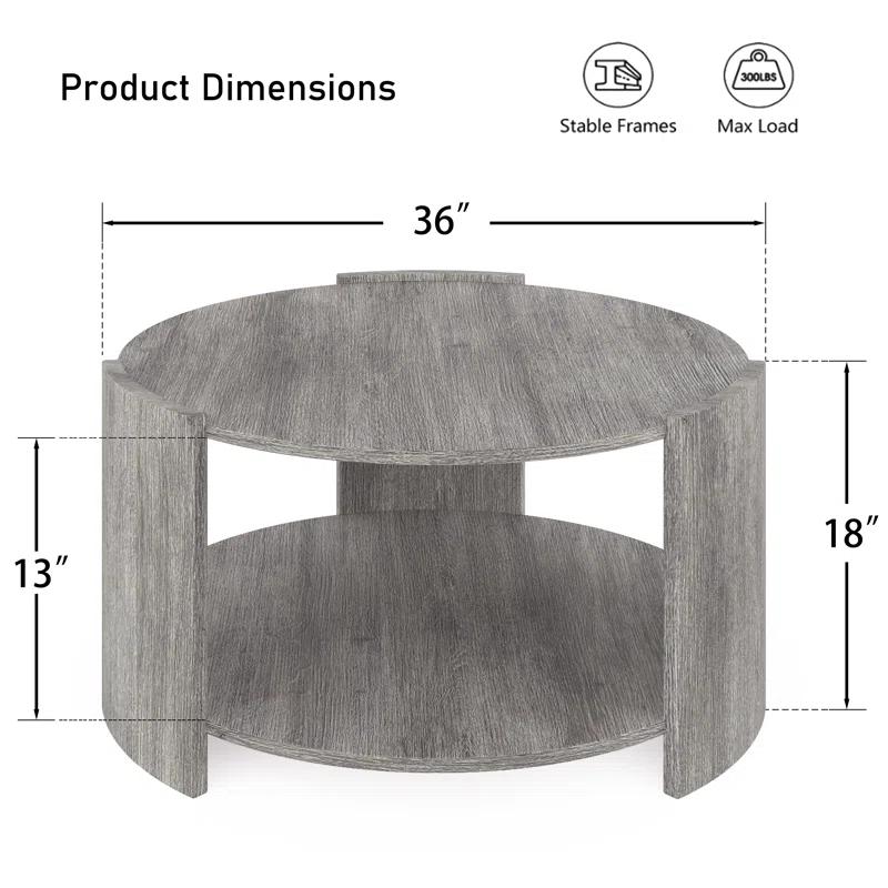 Michaelee Round Coffee Table, 36" Rustic Modern Circle Coffee Tables with 2 Tier Storage Shelf, Cocktail Table for Living Room Apartment
