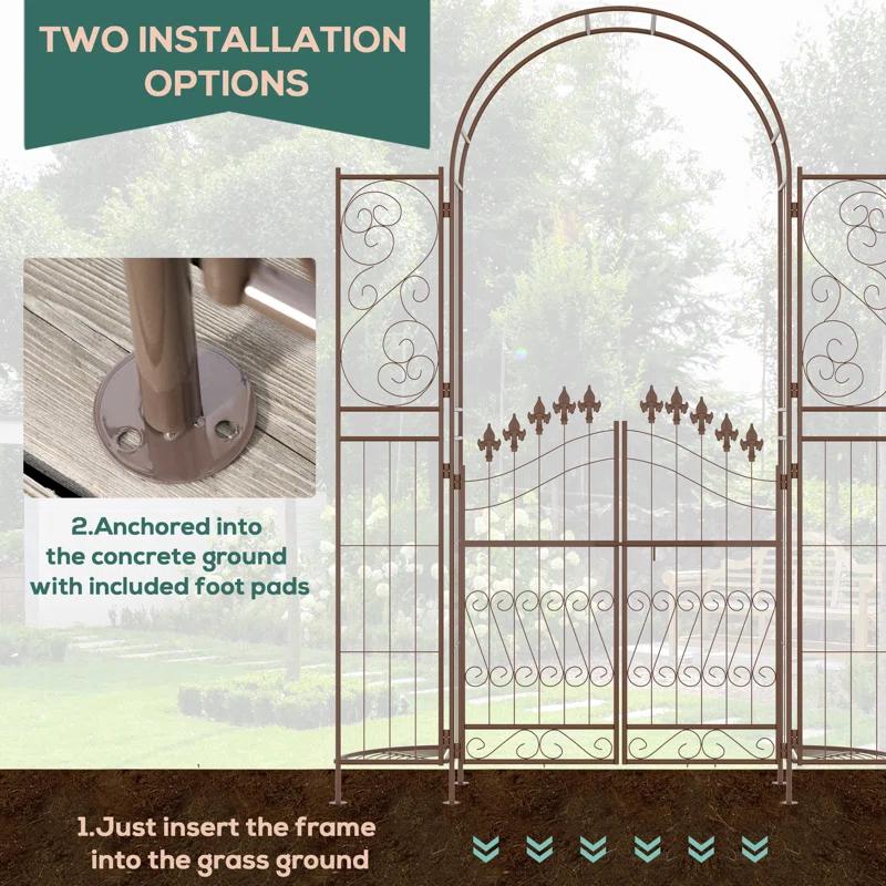 Outsunny 54.25'' W x 15.25'' D Metal Arbor with Gate in Brown