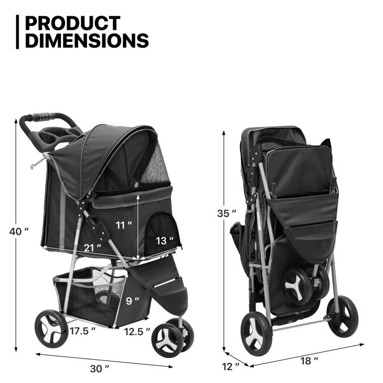 ATCHISON Foldable Pet Stroller, 3 Wheels Folding Carrier Jogger Stroller for Dogs Cats with Canopy and Basket