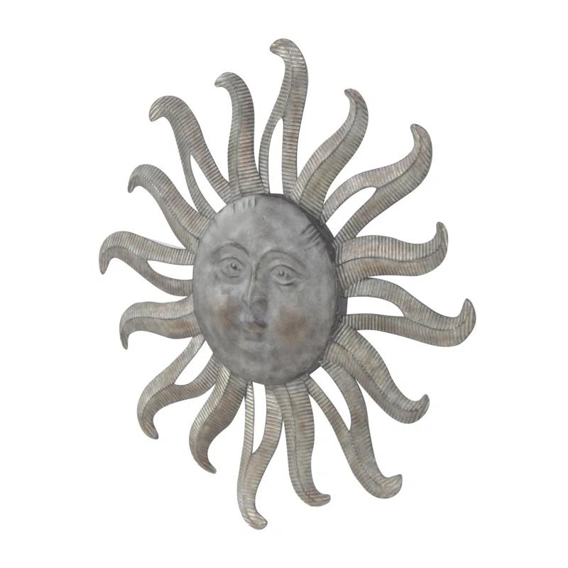 Metal Indoor Outdoor Face Sun Gray Wall Decor with Ribbed Detailing