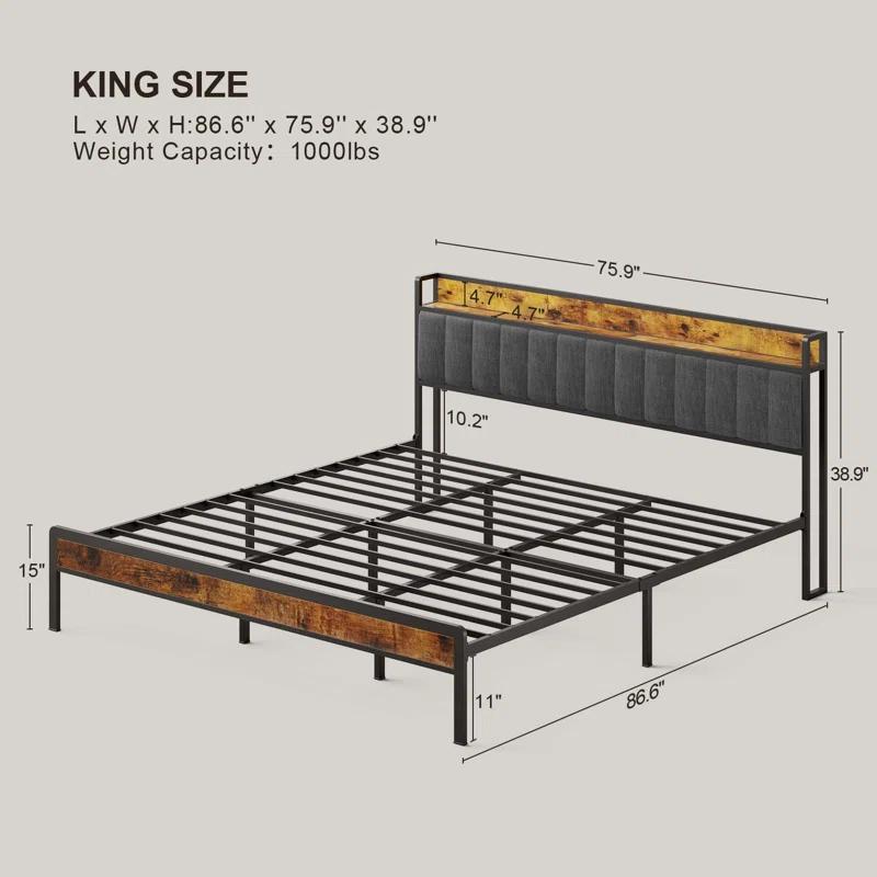 17 Stories Kewarra Platform, Metal Bed Frame with Storage Headboard, Sturdy and Stable