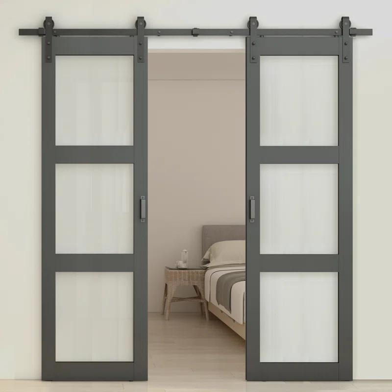 Calhome 3-Lite Tempered Frosted Glass White Finished Composite Double Sliding Barn Door with Hardware Kit Handle