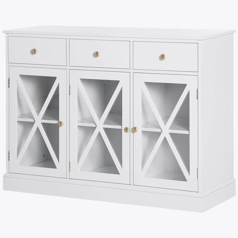 Gracie Oaks 45" Farmhouse Sideboard Buffet Cabinet, Credenza,Coffee Bar Cabinet with Glass Doors and 3 Drawers, White