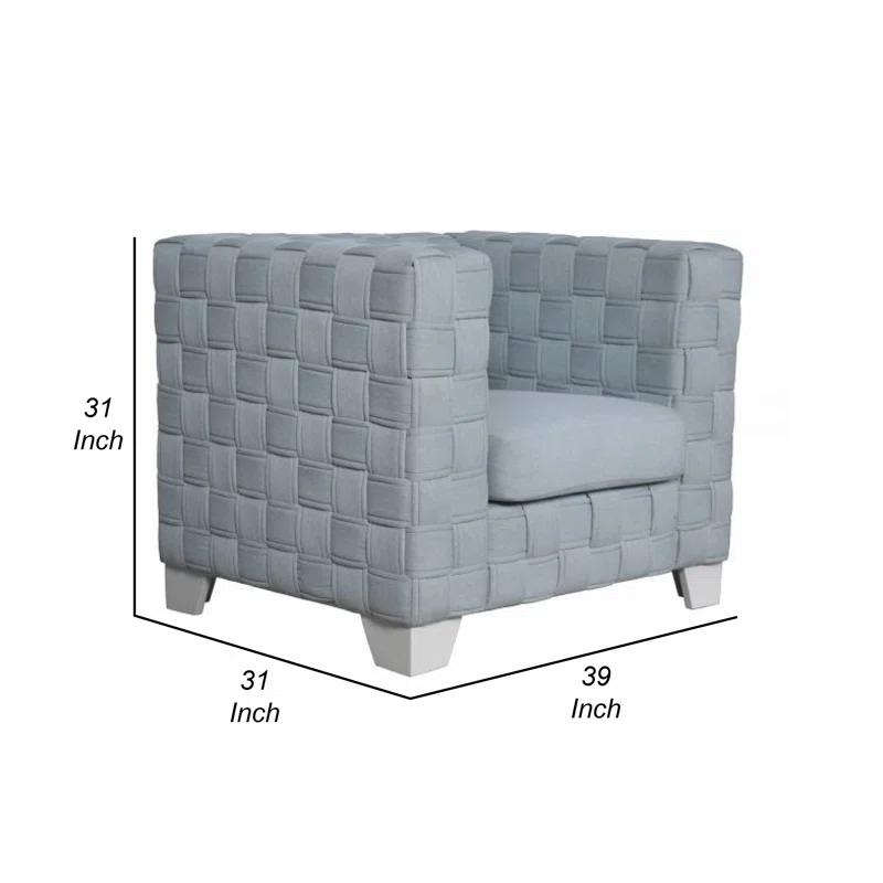 Benjara Reah Accent Chair, Knitted Light Blue Chenille, White Composite Wood