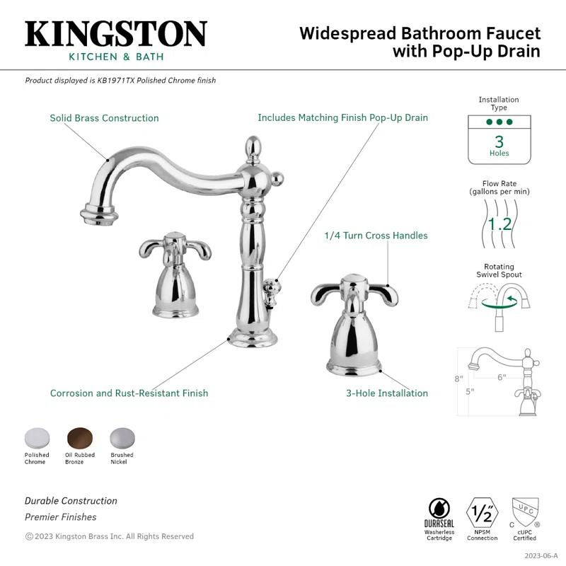 Kingston Brass KB1971TX Kingston Brass French Country Two-Handle 3-Hole Deck Mount Widespread Bathroom Faucet with Pop-Up Drain
